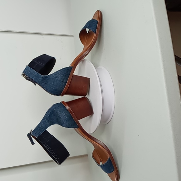 Frye - Denim and Blue Suede Stacked Heel Sandals - 10 - Picture 2 of 16